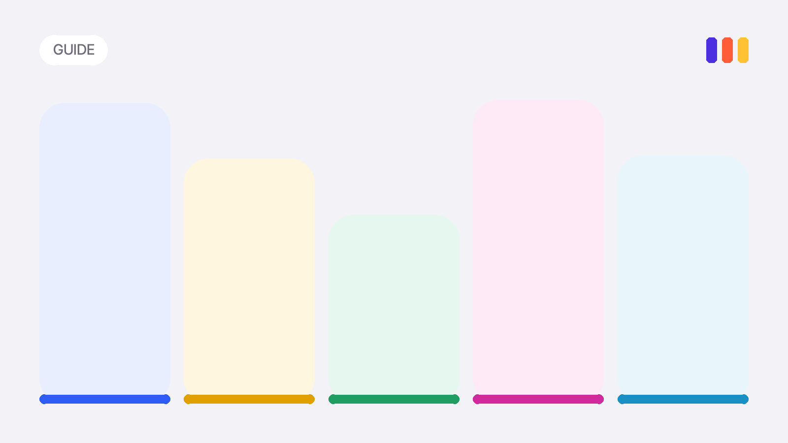 Five tinted tiles of different heights in the family colors