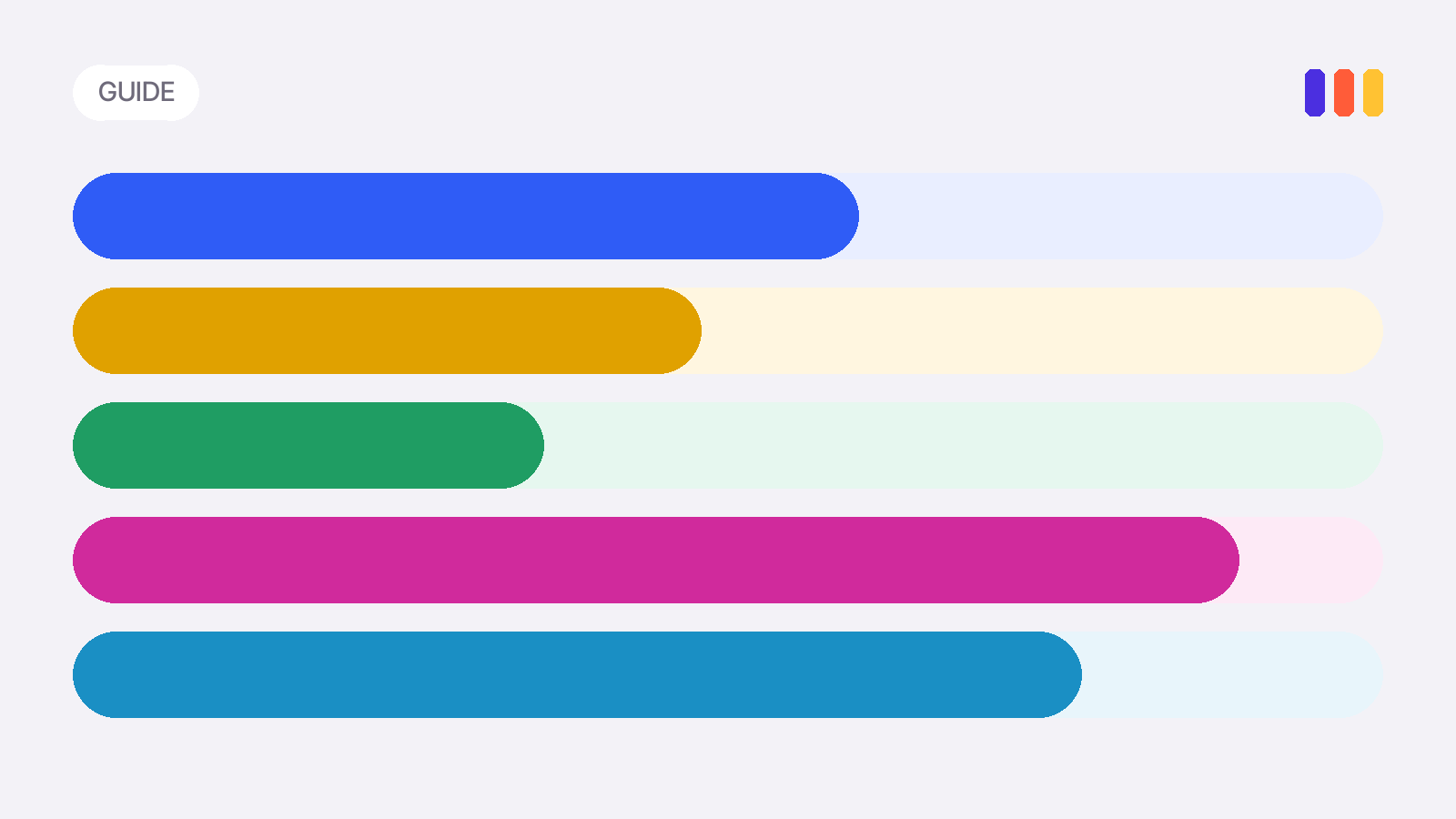 Abstract progress bars in the five family colors, representing assistants answering