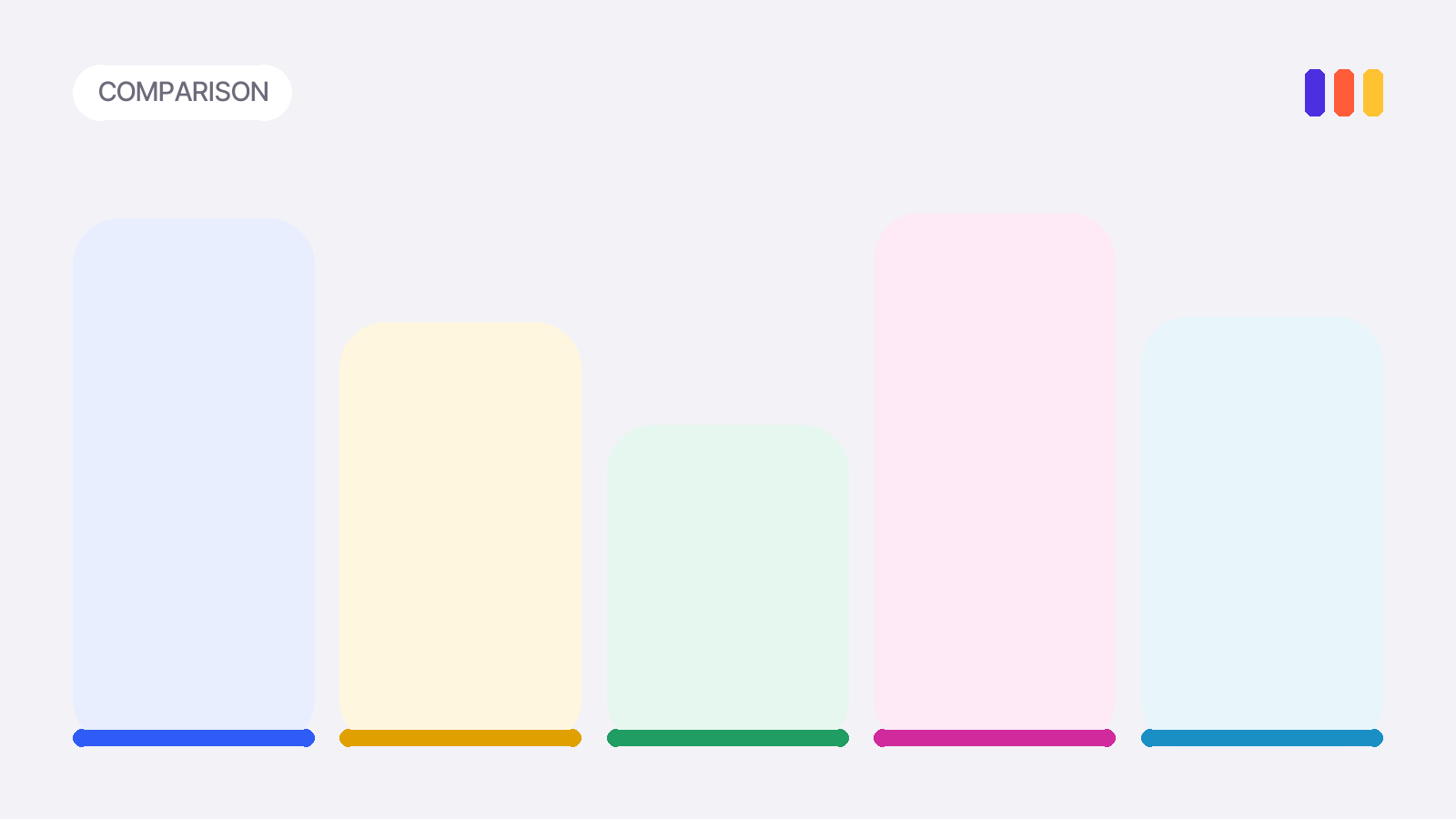 Five tinted tiles of different heights in the family colors