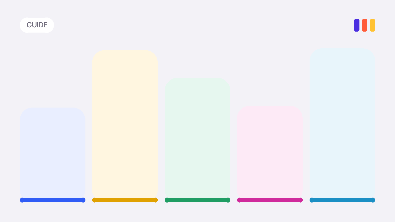 Five tinted tiles of different heights in the family colors